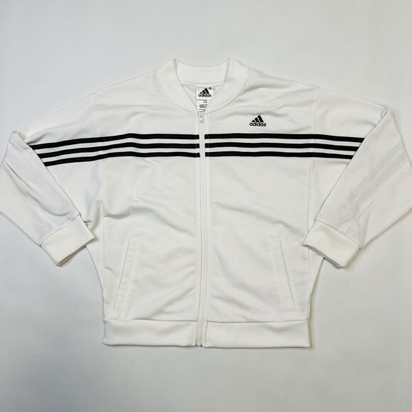 Adidas Track Jacket Youth Size 14 Girls Full Zip Three Stripe White Black Kids - Picture 1 of 9